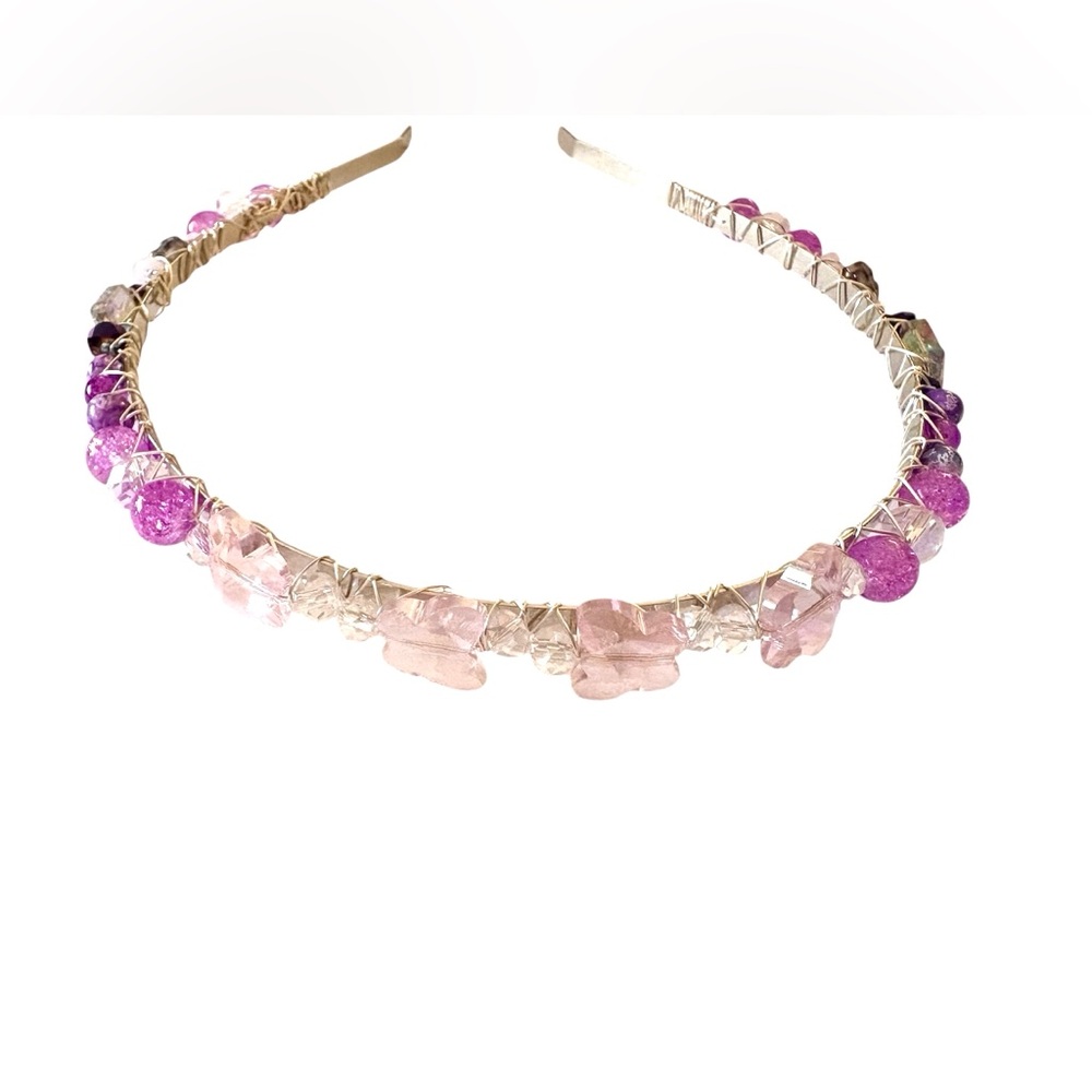 Hand Wired Headband with Crystal Butterflies, Glass Beads and Crystal Rondelles - Picture 2 of 7